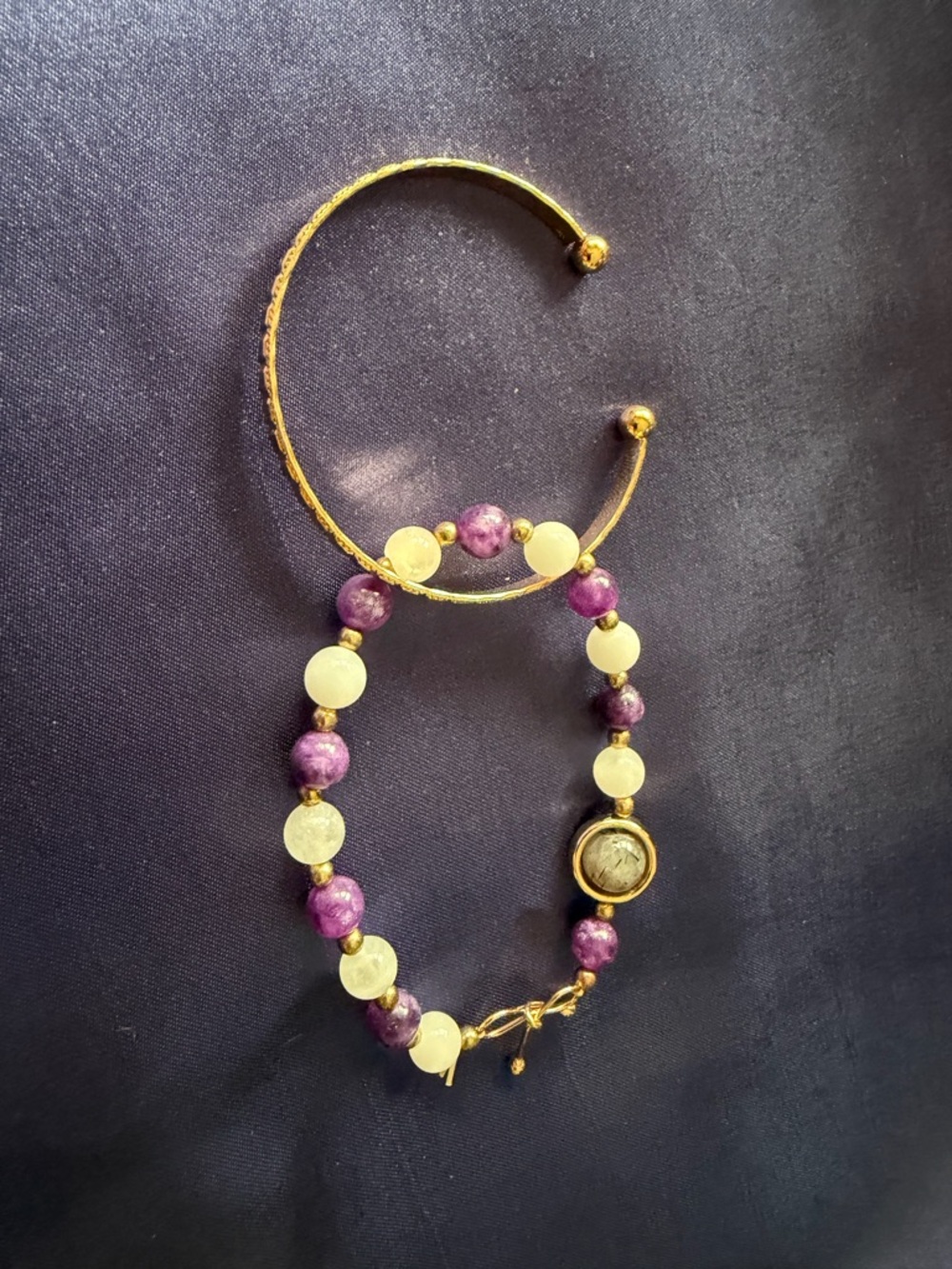 Handmade Purple and Cream Beaded Bracelet with Gold Accents